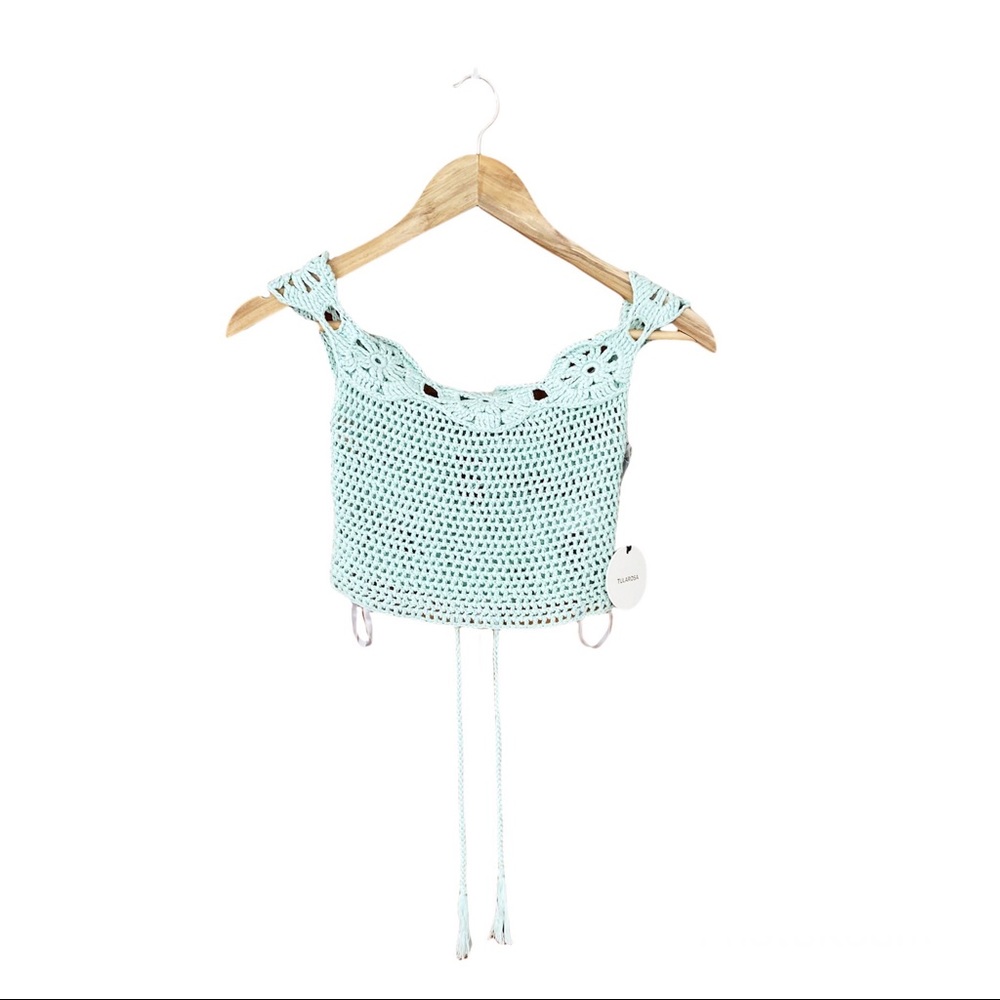 ❤️SOLD NWT Tularosa X Revolve Izzy Mint Crochet Knit Off Shoulder Tie Crop Top - Picture 2 of 11